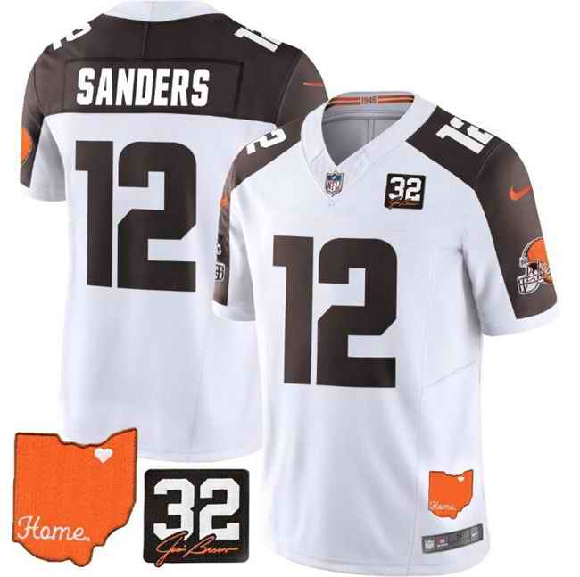 Men's Cleveland Browns #12 Shedeur Sanders White/Brown 2025 Draft F.U.S.E. With Jim Brown Memorial & Home Patch Vapor Limited Stitched Football Jersey